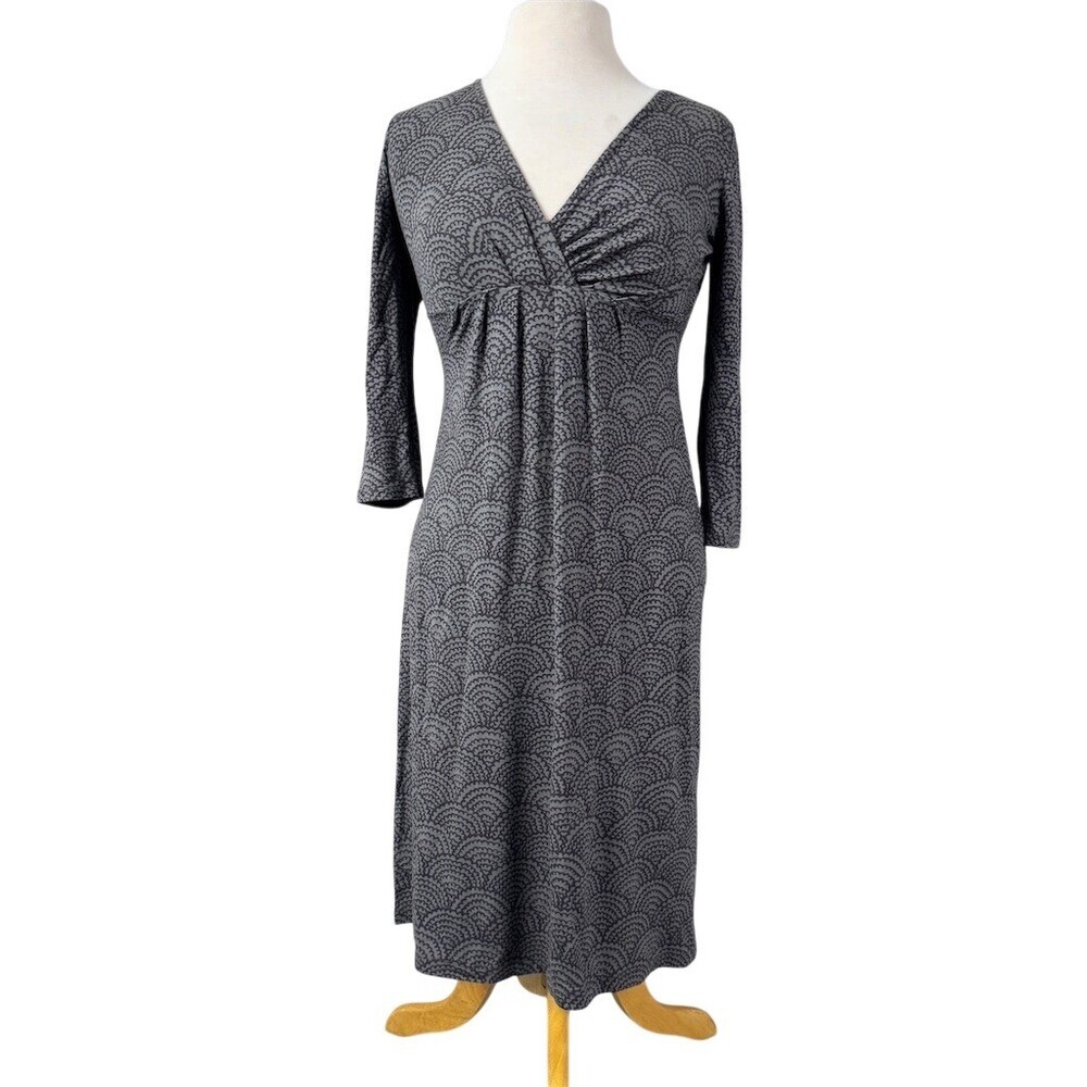 Boden Dress Womens Size 6 Gray Black Stretchy V-Neck Empire Waist Midi - Picture 1 of 11